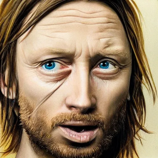 Image similar to Caricature portraits done of a young Thom Yorke, realistic, hyperrealistic, very realistic, highly detailed, very detailed, extremely detailed, detailed, oil painting, digital art, trending on artstation