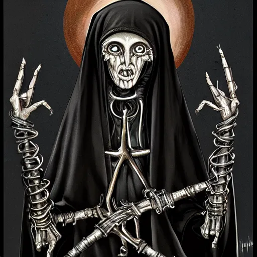 Image similar to beautiful painting of the acid witch nun surrounded by bells in the style of Welder Wings and H. R. Giger. Dark background, detailed, trending on Artstation