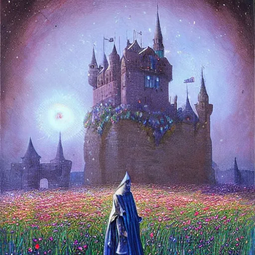 Prompt: a beautiful painting of a large medieval castle shrouded by mystic nebula magic in a field of flowers by moebius and android jones