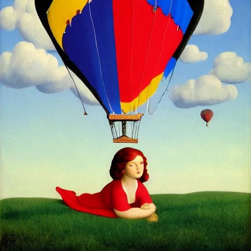 Image similar to a girl and her horse enjoy a hot-air balloon show by Raphael, Hopper, and Rene Magritte. detailed, romantic, enchanting, trending on artstation.