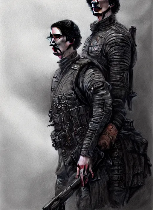 Image similar to a portrait of john oliver standing next to adam driver, stoic, military uniform, fantasy, intricate, beautiful, highly detailed, charcoal, centered, dark, smokey, digital painting, concept art, smooth, sharp focus, illustration, art by artgerm and greg rutkowski