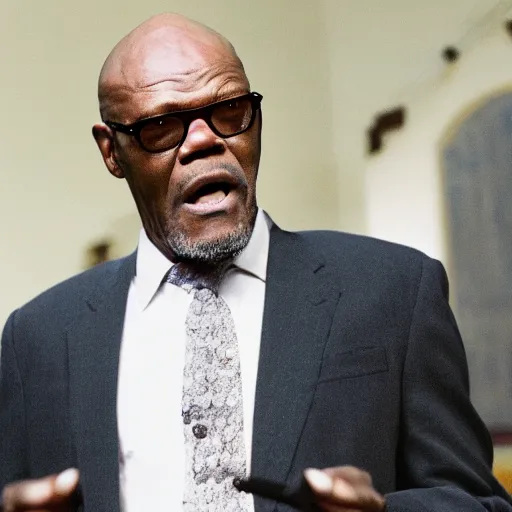 Image similar to a cinematic still of Samuel L. Jackson preaching at a Baptist Church in Rural Tennessee, portrait, shallow depth of field, close up