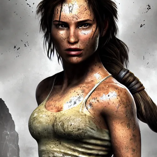 Image similar to lara croft, muddy face, examine diamond in awe, an film still, photorealistic