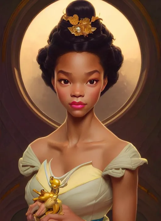 Image similar to portrait of disney tiana, intricate, elegant, highly detailed, my rendition, digital painting, artstation, concept art, smooth, sharp focus, illustration, art by artgerm and greg rutkowski and alphonse mucha and uang guangjian and gil elvgren and sachin teng, symmetry!!