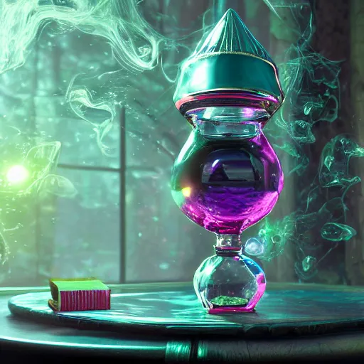 Prompt: A curvy and extravagant potion bottle on an ornate cluttered desk. The potion bottle is filled with sparkling, bright, and glowing swirling liquid. The potion has smoke coming out of it. Magic is everywhere. A window showing a forest is also visible. Octane & Unreal Engine 4 & f1.4 Photography.