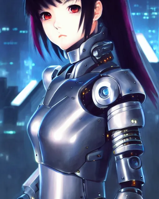 Image similar to portrait Anime Girl in mecha armor in night tokyo Sharp fine face pretty face, realistic shaded Perfect face, fine details. Anime. cyberpunk realistic shaded lighting by katsuhiro otomo ghost-in-the-shell, magali villeneuve, artgerm, rutkowski Jeremy Lipkin and Giuseppe Dangelico Pino and Michael Garmash and Rob Rey