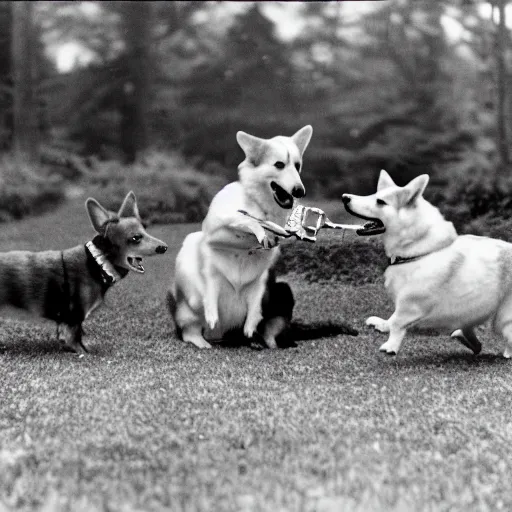 Prompt: historical photo of queen elizabeth and her corgis defeating hitler in battle, natural sunlight, sharp focus, highly detailed, depth of field