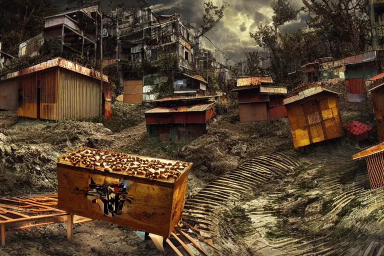 Image similar to favela lobster honeybee hive, wooded environment, industrial factory, horror, award winning art, epic dreamlike fantasy landscape, ultra realistic,