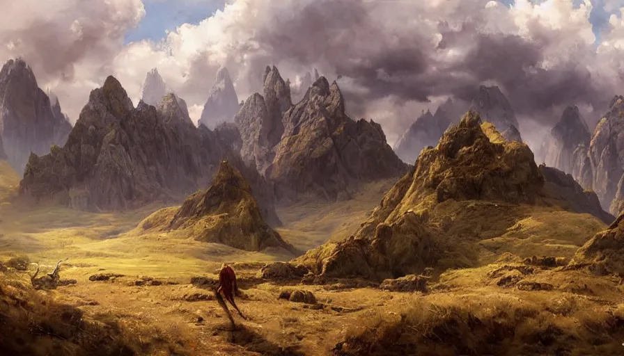 Prompt: excellent painted daemon in a wide epic beautiful landscape somewhere in south america with fluffy clouds, painted by Hans Fredrik Gude, Greg Rutkowksi, Craig Mullins and Artgerm, masterpiece, 4k, ultra realistic highly detailed oil painting