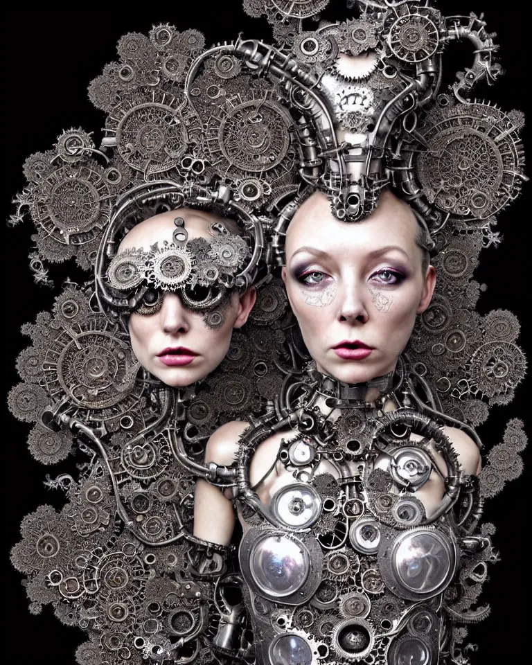 Prompt: highly detailed photo full body portrait of complex bio-mechanical beautiful young female demonic cyborg with a Mandelbrot fractal steampunk metal fine lace face, retrofuturistic depressing hopeless horrific vibe, radiating dark energy aura, curled silver hair and a fine metal floral foliage super big lace collar by Alexander McQueen:: high fashion, haute couture, rococo, steampunk, silver filigree details, anatomical, facial muscles, cable wires, microchip, elegant, hyper realistic, 150 mm lens, soft rim light, octane render, unreal engine, volumetric lighting, 8k, muted reflective metallic coloring, sharp focus