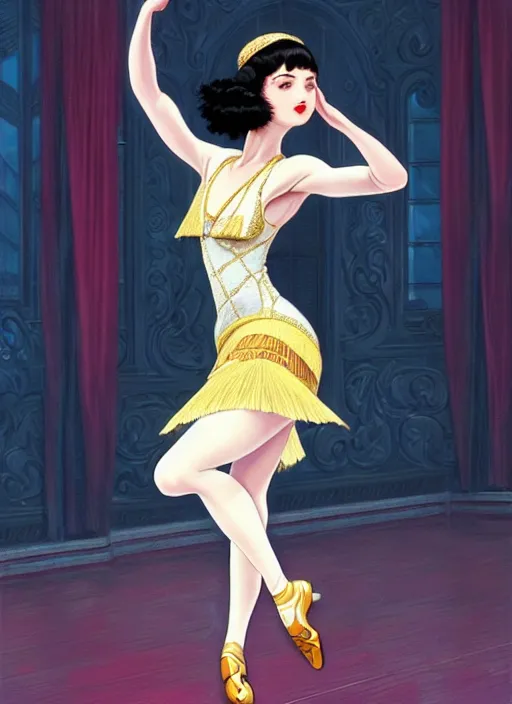 Prompt: a beautiful dancer with black hair in 1920's fashion, ballroom background, intricate, highly detailed, digital painting, artstation, official media, anime key visual, concept art, rich vivid colors, ambient lighting, sharp focus, illustration, art by Artgerm, Makoto Shinkai, Ilya Kuvshinov, Lois Van Baarle, and Rossdraws