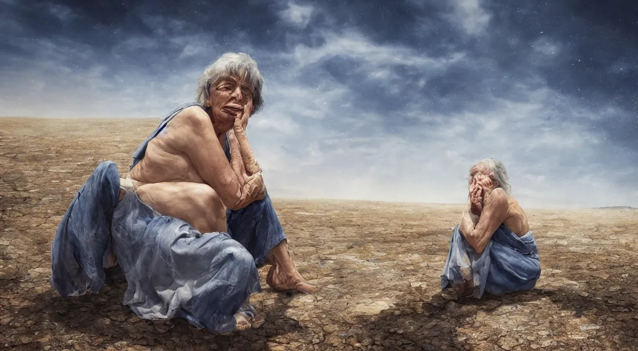 Image similar to 65-year-old Gaia crying one single tear, facing the camera and sitting on a dried up river in a desolate land, blue sky, hot and sunny, highly-detailed, elegant, dramatic lighting, artstation, 4k, cinematic landscape, photograph