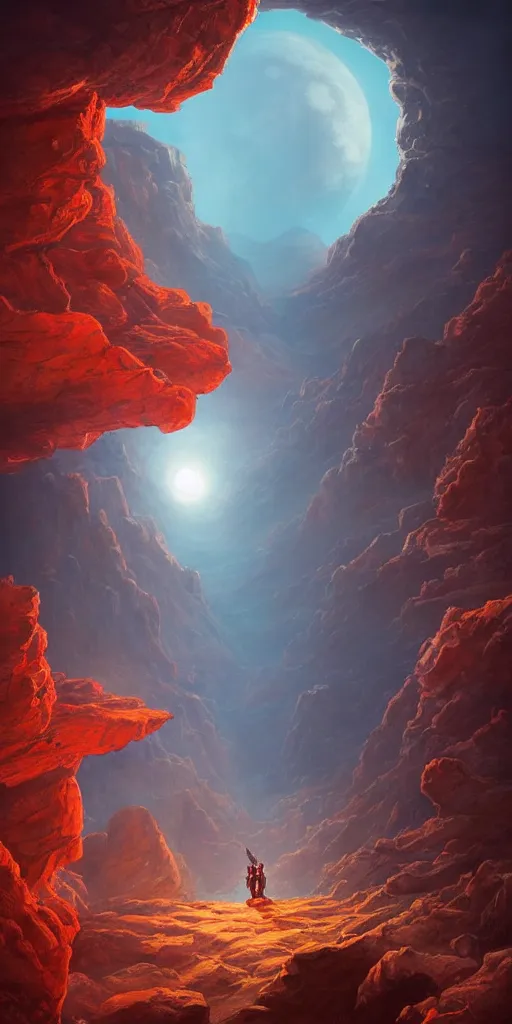 Image similar to Detailed landscape of moon crater, grand canyon, red rising planet, floating rocks, nebula sky, stunning atmosphere, in Style of Peter Mohrbacher, cinematic lighting