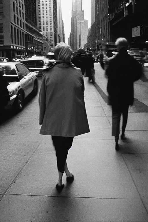 Image similar to photography, ginger woman walking in New York, soft light, 35mm, film photo, Joel Meyerowitz