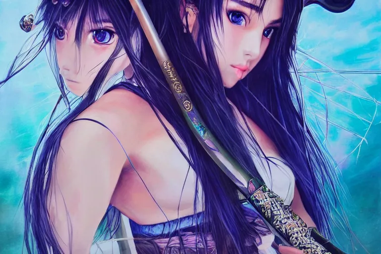 Image similar to highly detailed beautiful photo of madison beer as a young female samurai, swinging her sword, symmetrical face, beautiful eyes, cobalt blue hair, realistic anime art style, 8 k, award winning photo, pastels colours, action photography, 1 / 1 2 5 shutter speed, sunrise lighting