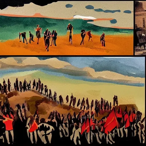 Image similar to This digital art depicts a scene from the Spanish Civil War, which was a time of great turmoil and strife in Spain. The digital art shows a group of people on a beach, with the ocean in the background. The people in the digital art are all different sizes and shapes, and they are all looking in different directions. The digital art is full of color and movement, and it is very expressive. The digital art is also very powerful and emotional, and it has a very strong impact on the viewer. by Linnea Strid amorphous, quiet