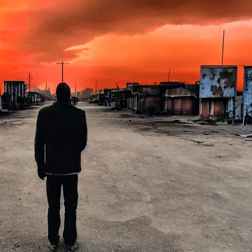 Image similar to stalker standing in front of a post apocalyptic city with burning red sky