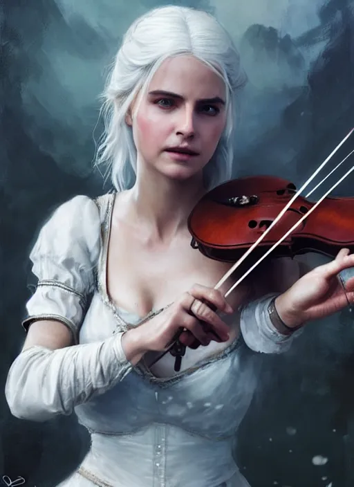 Prompt: portrait of ciri from the witcher in a white dress playing the violin. by Daniel F. Gerhartz, hyperrealistic oil painting, 4k, very detailed faces, studio lightning
