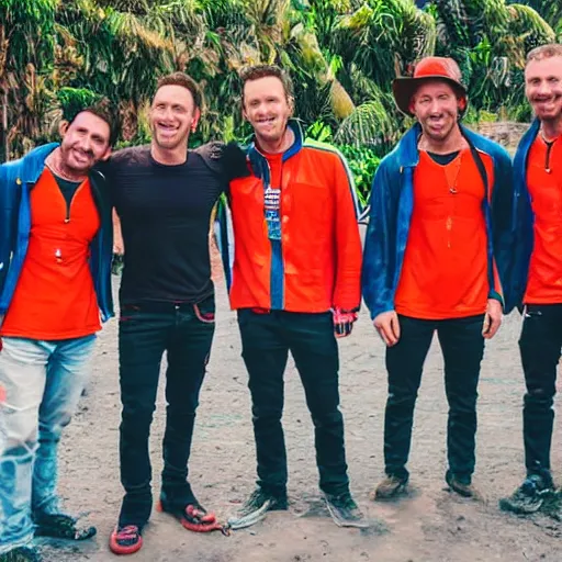 Image similar to Coldplay in Peru wearing panchos and smiling, photorealistic, photography, 14 mp