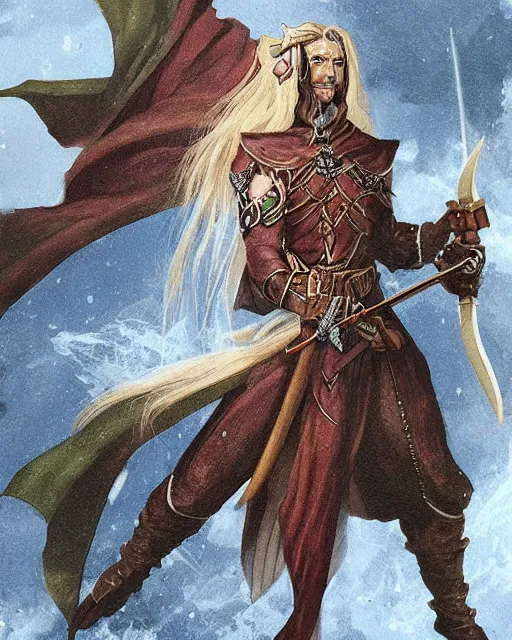 Image similar to full face and body D&D character art illustration of a elven magus fighter, by Wayne Reynolds.