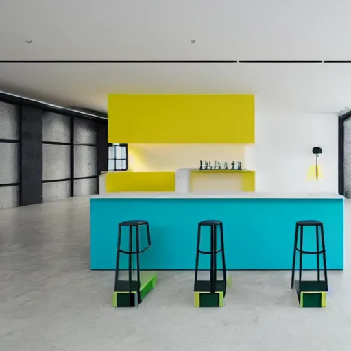 Prompt: bar in minimalist design, white colour with blue yellow and green elements