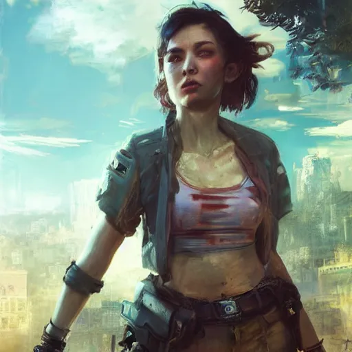 Image similar to fallout 5, charismatic beautiful rugged brunette female protagonist, portrait, outdoors tropical cityscape, atmospheric lighting, painted, intricate, volumetric lighting, beautiful, daytime, sunny weather, few clouds, sharp focus, deep colours, ultra detailed, art by william turner, krenz cushart and wenjun lin