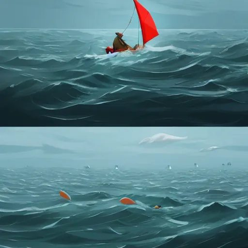 Image similar to Some fishermen struggling not to sink in a small sailboat in the middle of the furious raging ocean, ilustration art by Goro Fujita, concept art, smooth, sharp focus, illustration, ArtStation