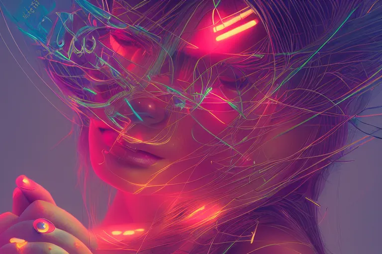 Image similar to photo of surreal goddes of war in neon lighting, elegant, highly detailed, smooth, sharp focus, trippy, dmt, psychedelic, illustration, beautiful, geometric, trending on artstation, cinematic, artwork by WLOP