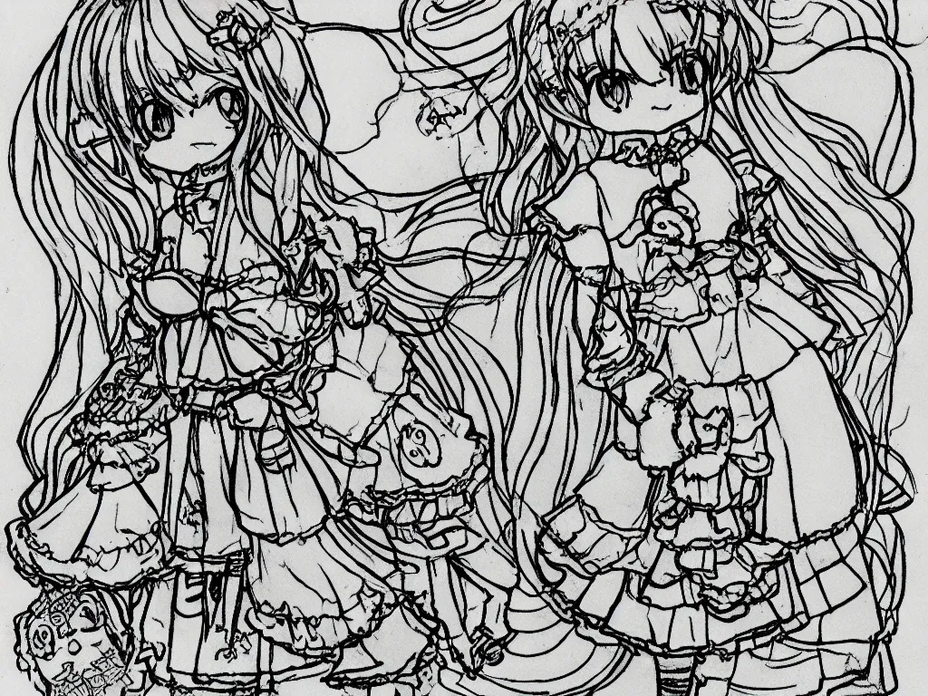 Image similar to color pen plotter outline drawing of a cute fumo plush girl, cursed enigmatic gothic maiden