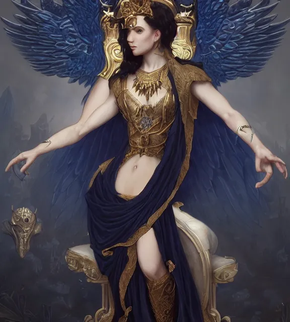 Image similar to god of death, young male, in the underworld, elegant dark blue dress, very detailed, throne, very intricate details, jewelry, gold eyeshadow, elaborate long black hairstyle, wings, cinematic, artstation, william bouguereau, magali villeneuve, greg rutkowski, rossdraws, octane render