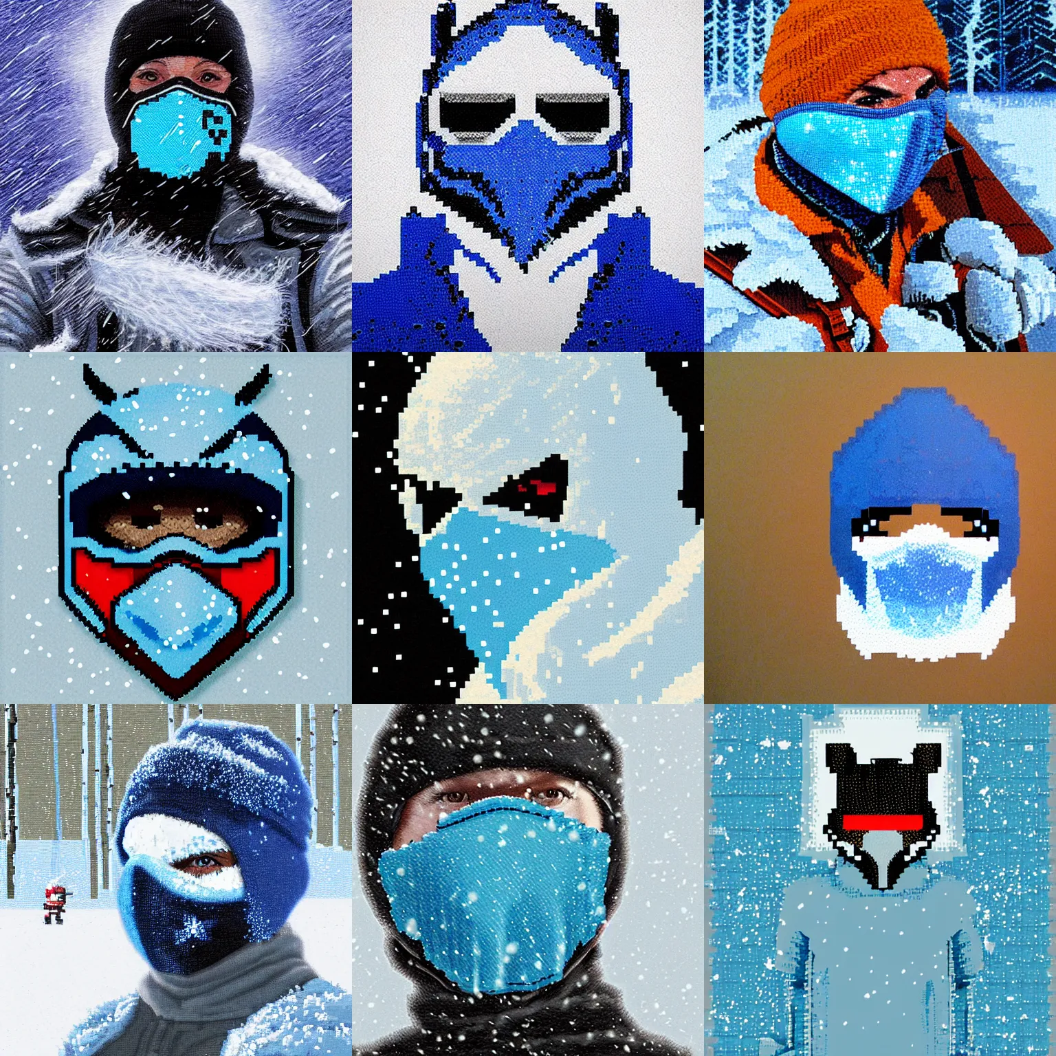 Prompt: bandit with a frost blue mask, pixel art, falling snow, artist'justin sweet ',