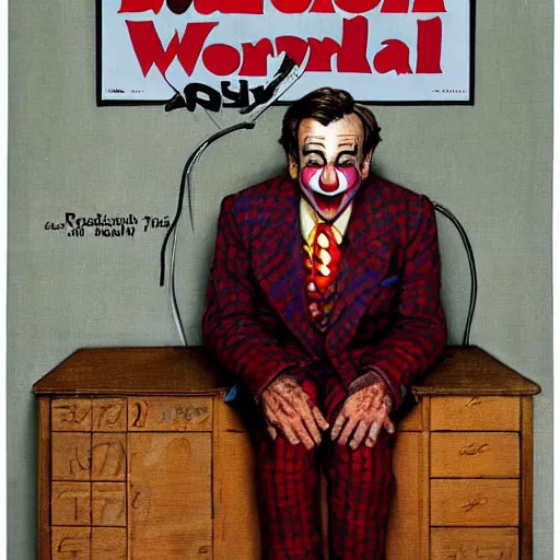 Image similar to Robin Williams as a sad clown painted by Norman Rockwell