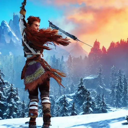 Prompt: aloy character, horizon zero dawn, high detail, full body action shot, snowy mountain location, pine trees, sunset