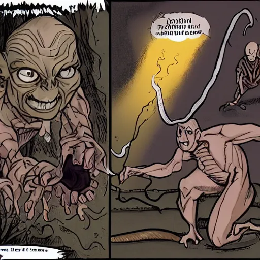 Prompt: Gollum fights volandemort , action , in motion , wizard , magic