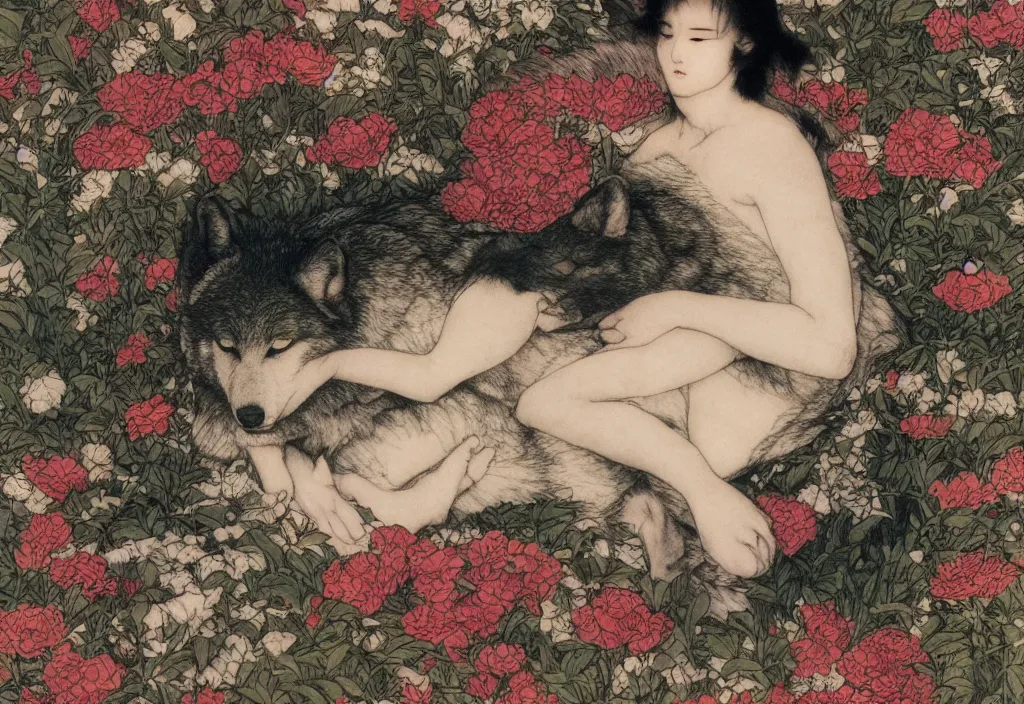 Prompt: chiaroscuro portrait of one single wolf cub sleeping in a bed of flowers, in the center of the picture by gharliera and takato yamamoto + anime, japanese kappademon + insane details wow high octane render