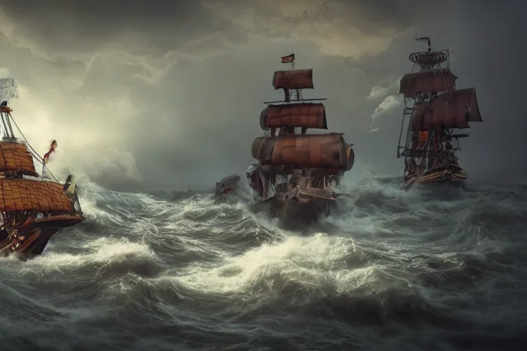 Image similar to epic pirate ship cannon battle in a storm, in the style of vernon grant and chris van allsburg, raging stormy sea, trending on artstation, bright tilt - shift camcorder effect, photoshop, retrowave, hyperrealism, octane, sharp focus, masterpiece