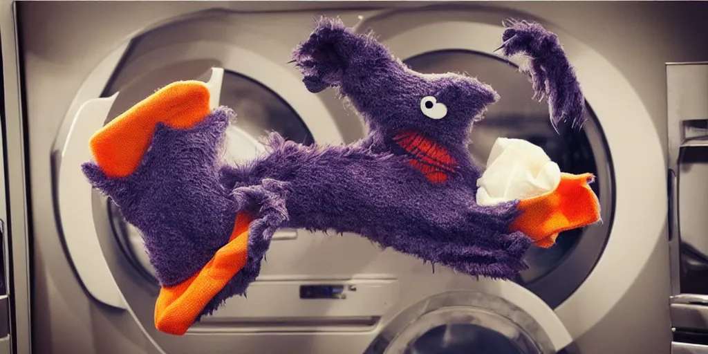 Prompt: “ silly monster eating socks in dryer by jim henson ”