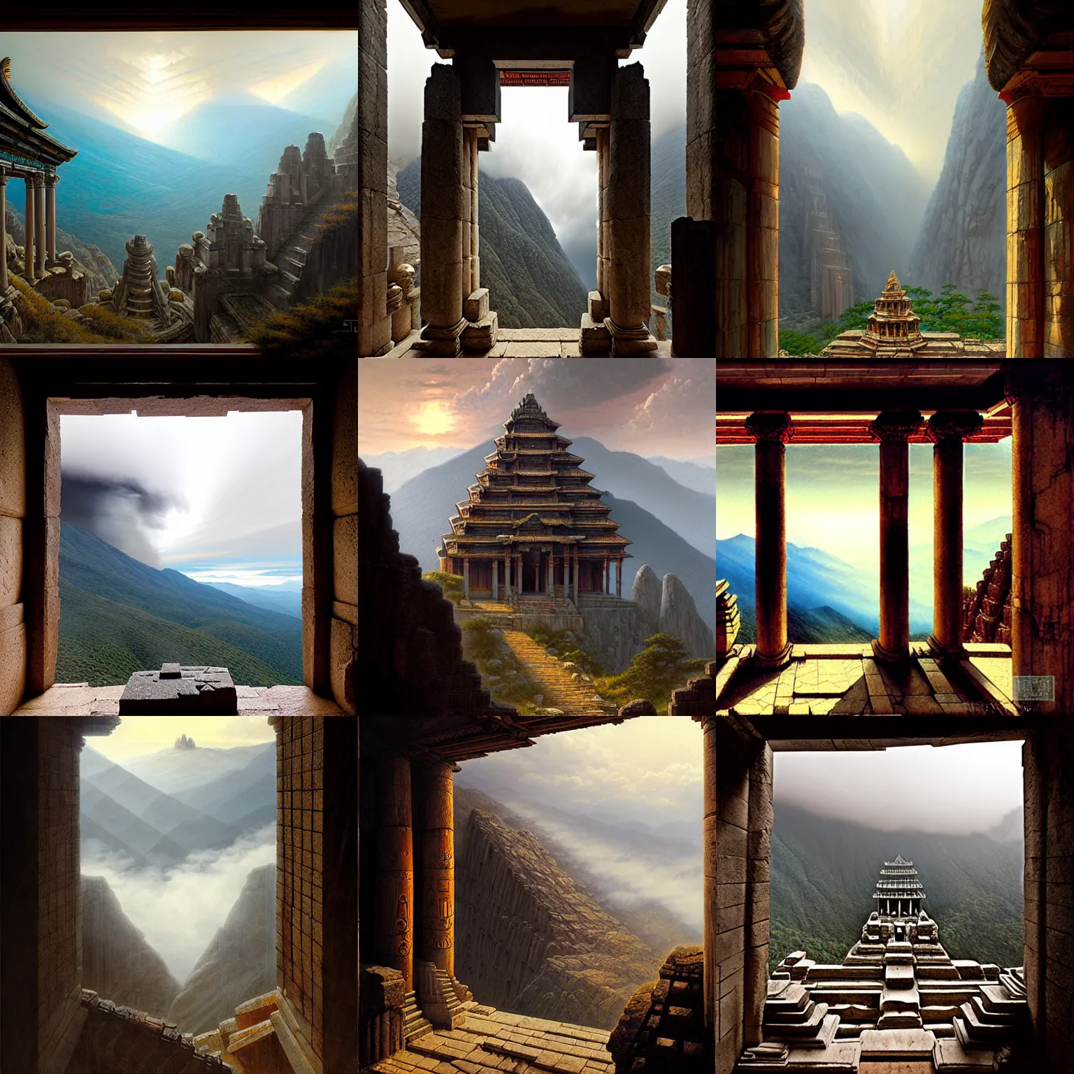 Prompt: ancient temple high up in the mountains, viewed from inside the temple, clouds inside the temple, depth of view, wide perspective by greg rutkowski and james gurney