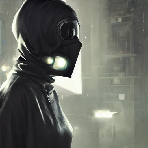 Prompt: a woman wearing a black hoodie and a black mask, cyberpunk art by Jeremy Geddes, featured on cgsociety, digital art, cryengine, dystopian art, apocalypse art