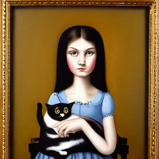 Prompt: Girl holding an annoyed cat, lowbrow painting by Mark Ryden