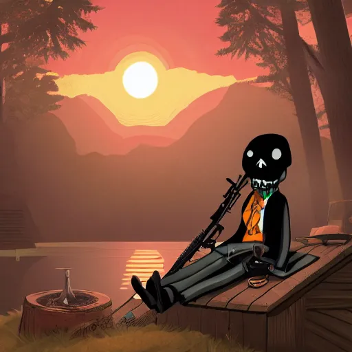 Prompt: digital art, trending on artstation, manny calavera sitting with a rifle, in a cabin, on a lake, sunrise, grim fandango style,