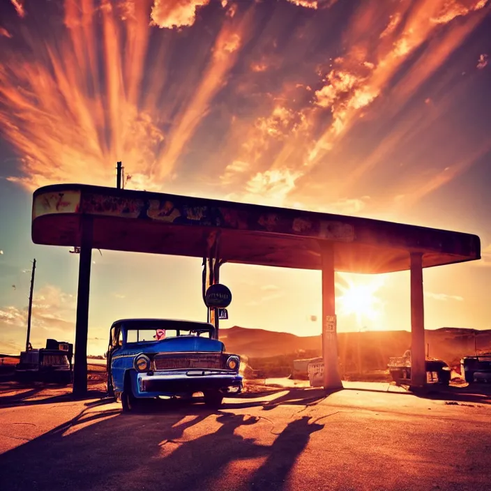 Image similar to a sunset light landscape with historical route 6 6, lots of sparkling details and sun ray ’ s, blinding backlight, smoke, volumetric lighting, colorful, octane, 3 5 mm, abandoned gas station, old rusty pickup - truck, beautiful epic colored reflections, very colorful heavenly, softlight