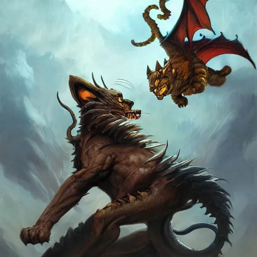 Prompt: A cat dragon fighting a Dog dragon by Lucas Graciano, Frank Frazetta, Greg Rutkowski, Boris Vallejo, epic, fantasy, character art, high fantasy