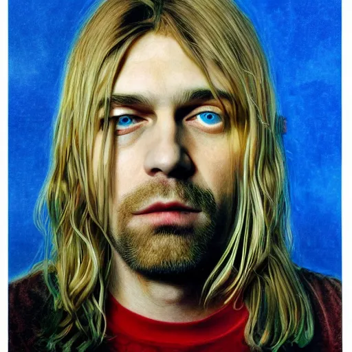 Image similar to colour masterpiece surreal closeup portrait photography of kurt cobain by miho hirano and annie leibovitz and michael cheval, pop art background, 8 k