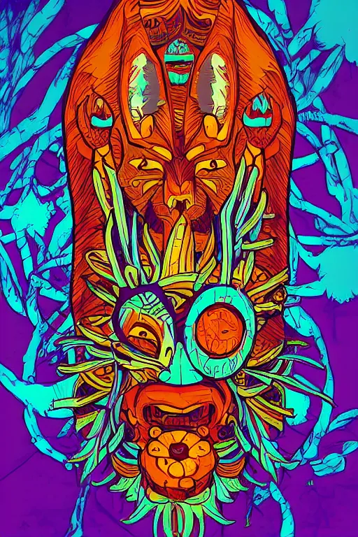 Image similar to animal mask totem roots flower tribal feather gemstone plant wood rock shaman vodoo video game vector cutout illustration vivid multicolor borderlands comics by josan gonzales and dan mumford radiating a glowing aura