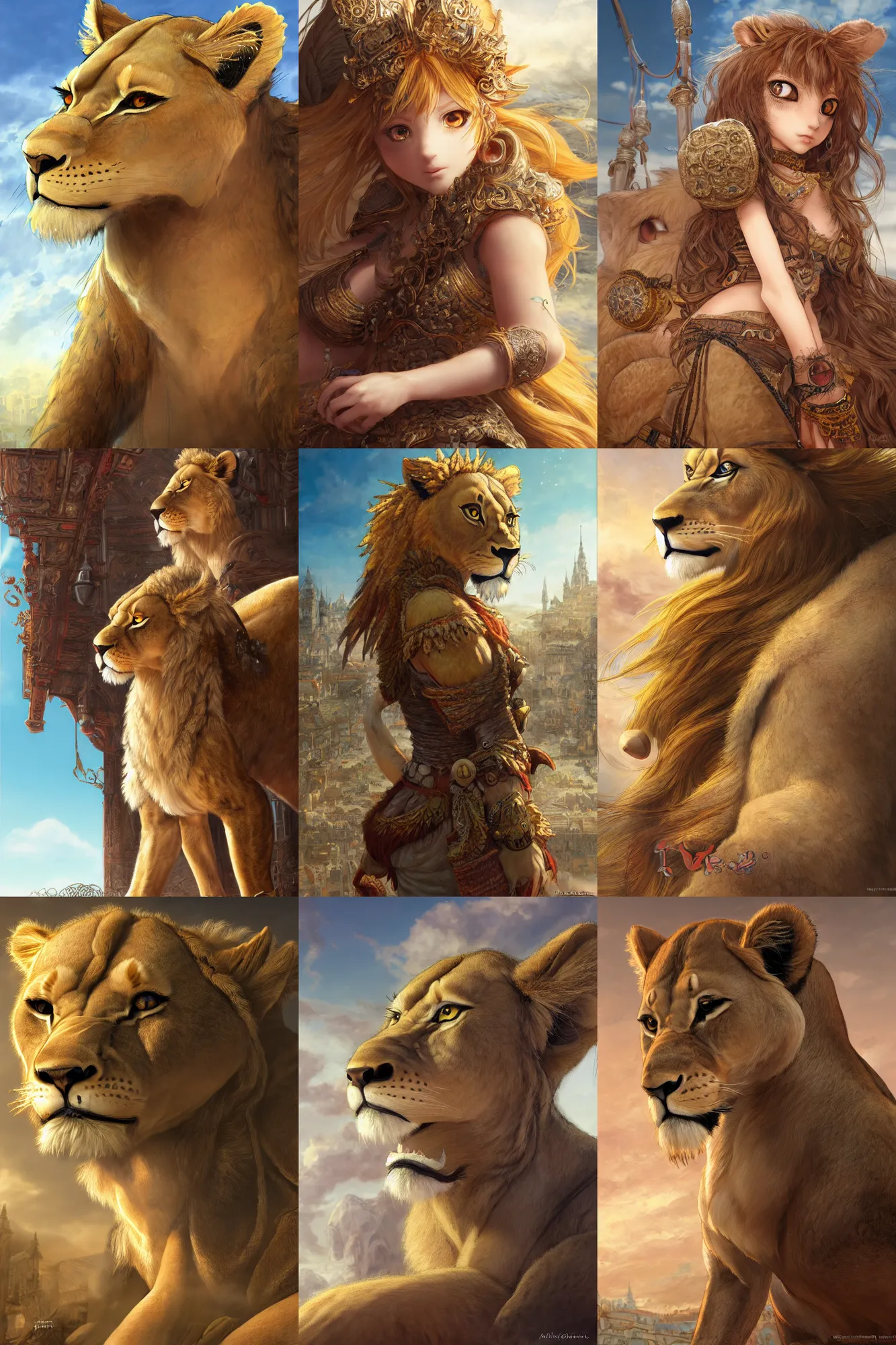 Prompt: furry art, character portrait of the anthro female lioness princess with gorgeous detailed eyes in the marketplace in the sky, color page, tankoban, 4 k, tone mapping, doll, akihiko yoshida, james jean andrei riabovitchev marc simonetti, yoshitaka amano, long hair, curly, h. hydrochaeris