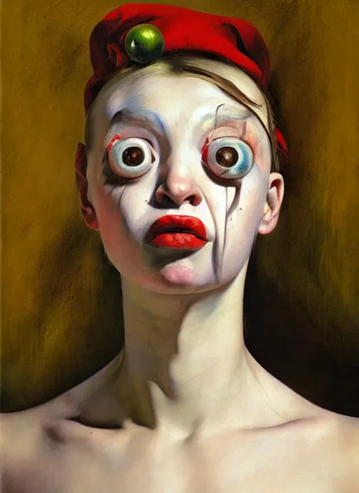 Image similar to Oil painting - portrait of a cross-eyed jester girl by Jenny Saville, Masterpiece, Edward Hopper and James Gilleard, Mark Ryden, Wolfgang Lettl highly detailed, hints of Yayoi Kasuma