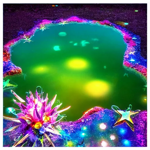 Image similar to crystalline flowers illuminate the otherworldly dichroic pond, fog, godlight, happy, colorful, glow, stars, golden ratio