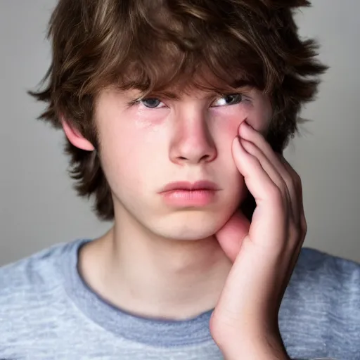 Image similar to a teenage boy aroun 1 9 yo crying. natural brown hair, pale skin.