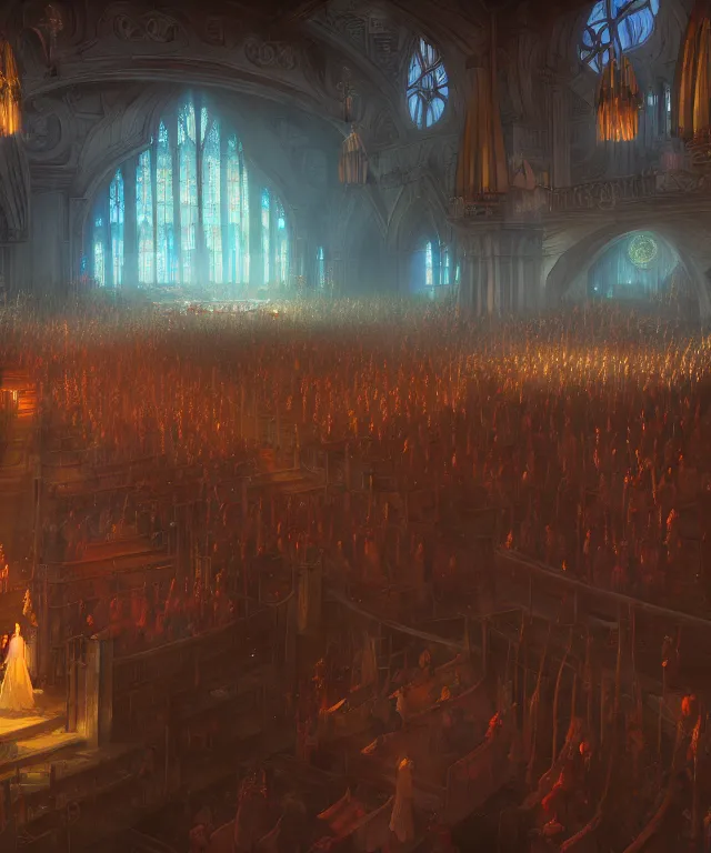 Image similar to fantasy movie scene craig mullins and ghibli and james gurney digital matte painting of a crowd in a futuristic church, strong contrast, priest, pews, ethereal, inviting, bright, raking light, unreal engine, hyper realism, realistic shading, cinematic composition, blender render, octane render, hdr, detailed textures, photorealistic, wide shot